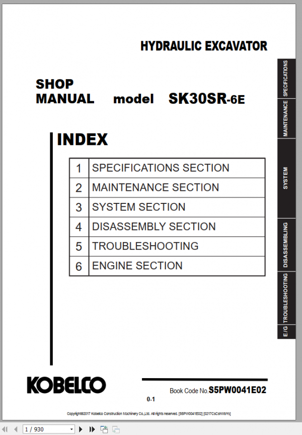 Kobelco Hydraulic Excavator SK10SR 2E Shop Manual S5PA0009E01 3 1