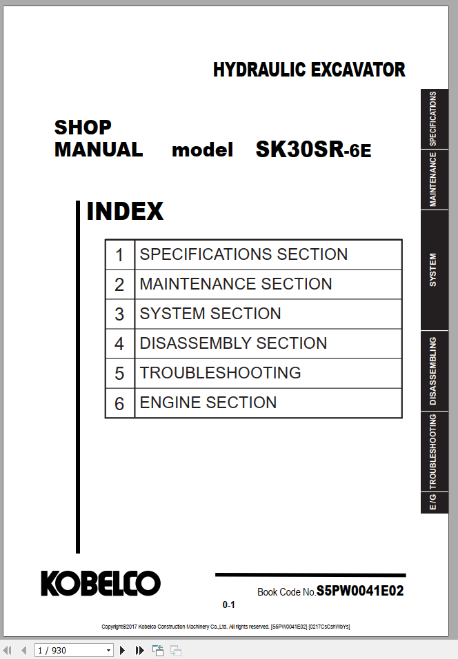 Kobelco Hydraulic Excavator SK10SR 2E Shop Manual S5PA0009E01 3 1