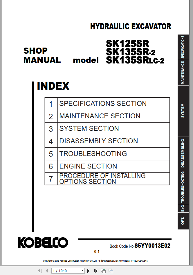 Kobelco Hydraulic Excavator SK125 SK135SRLC 2 OCE SEA Shop Manual S5YY0013E02 1