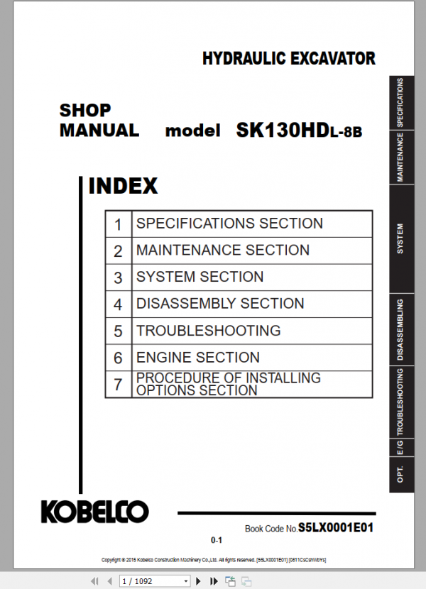 Kobelco Hydraulic Excavator SK130HDL 8B Shop Manual S5LX0001E01 1