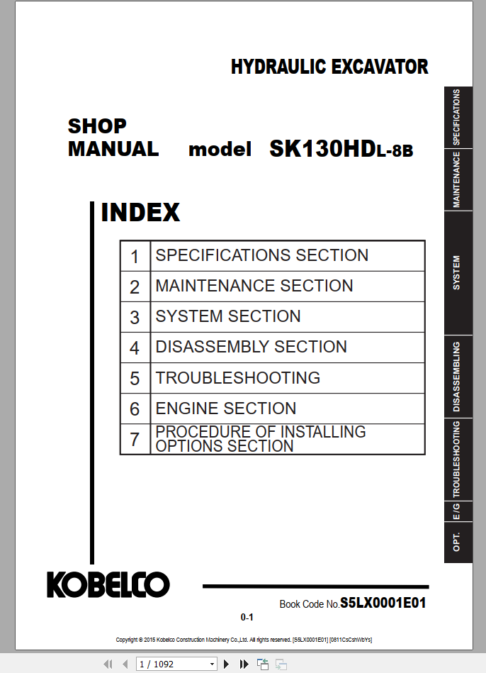 Kobelco Hydraulic Excavator SK130HDL 8B Shop Manual S5LX0001E01 1