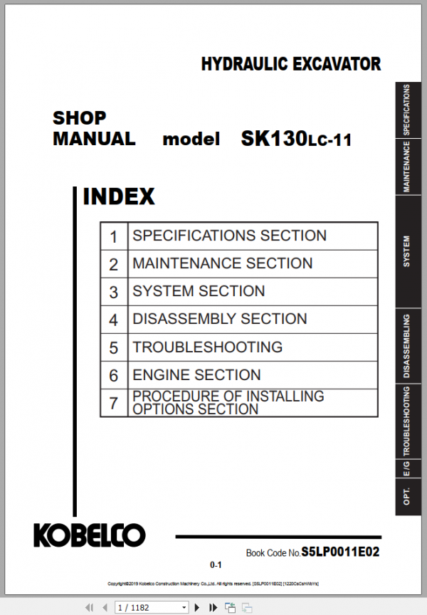 Kobelco Hydraulic Excavator SK130LC 11 2019 Shop Manual S5LP0011E02 1