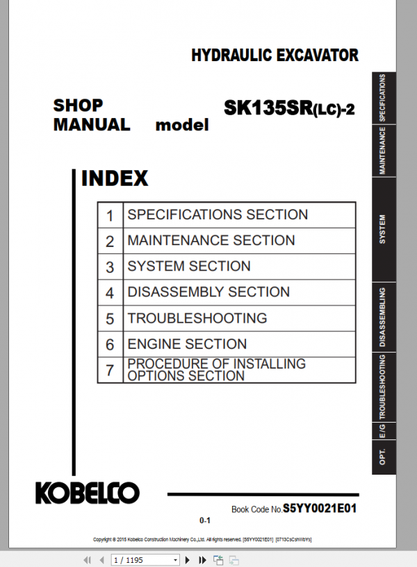 Kobelco Hydraulic Excavator SK130LC 11 2019 Shop Manual S5LP0011E02 3 1