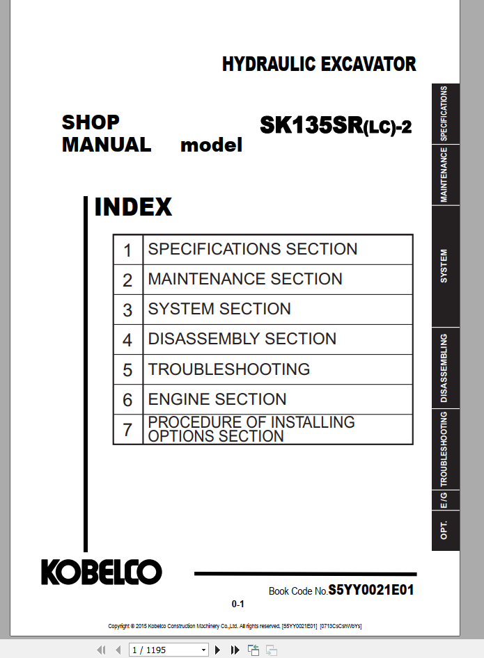 Kobelco Hydraulic Excavator SK130LC 11 2019 Shop Manual S5LP0011E02 3 1