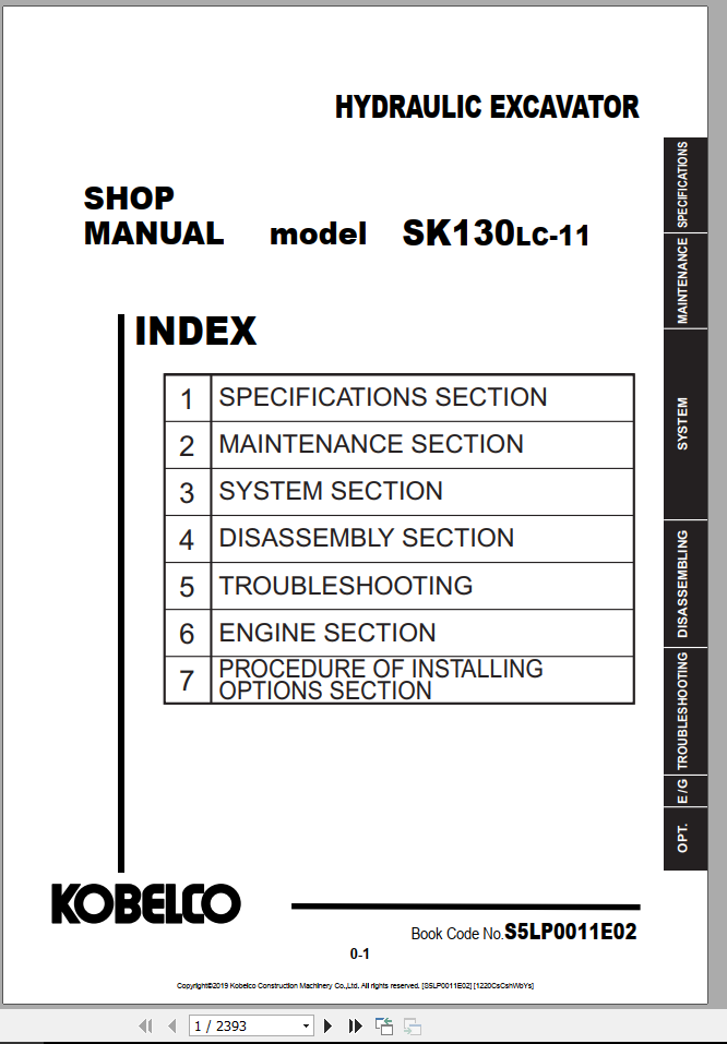 Kobelco Hydraulic Excavator SK130LC 11 EU 2019 Shop Manual S5LP0011E02 1