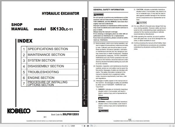 Kobelco Hydraulic Excavator SK130LC 11 USA 2020 S5LP0012E03 Shop Manual 1