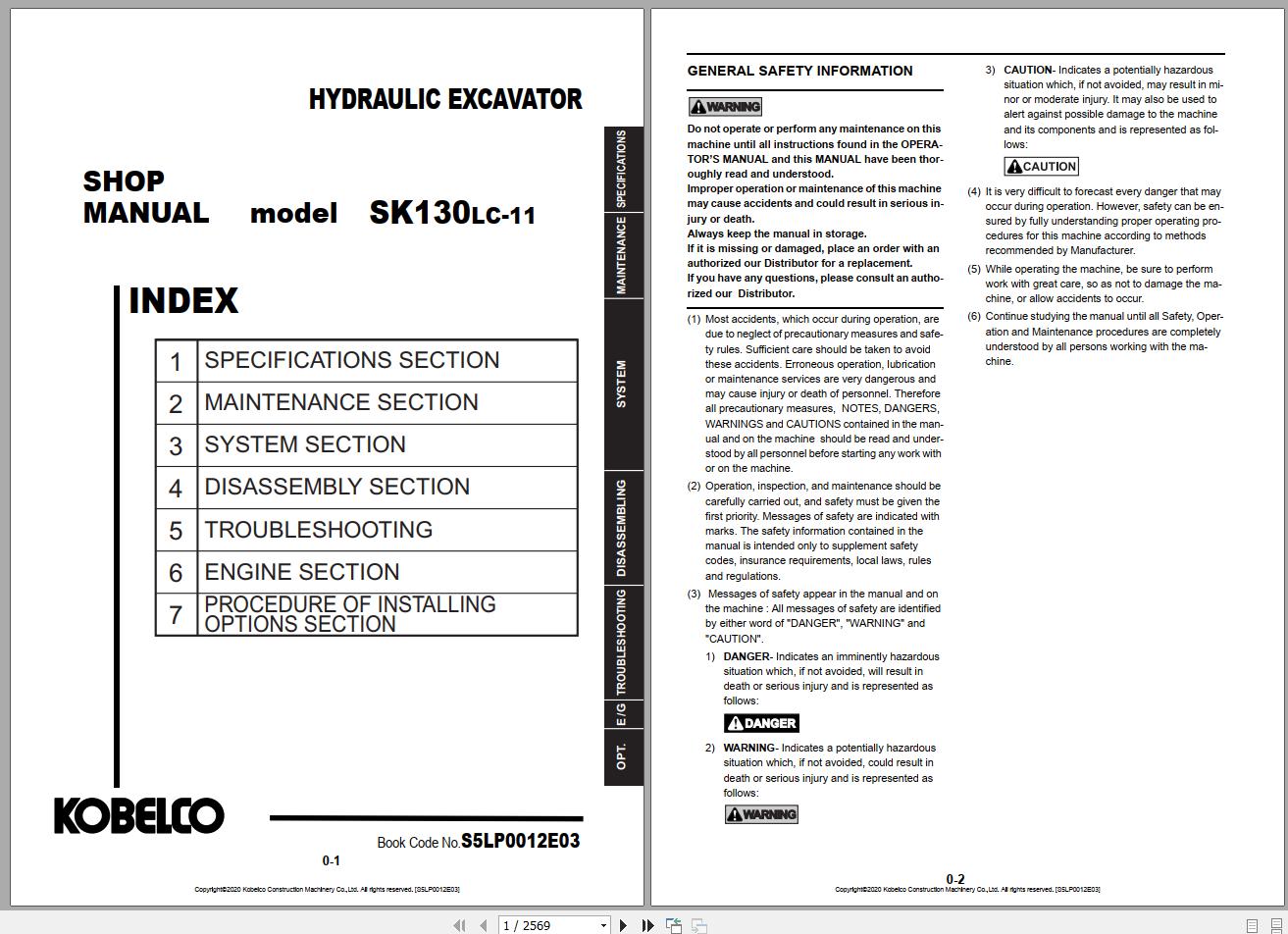 Kobelco Hydraulic Excavator SK130LC 11 USA 2020 S5LP0012E03 Shop Manual 1