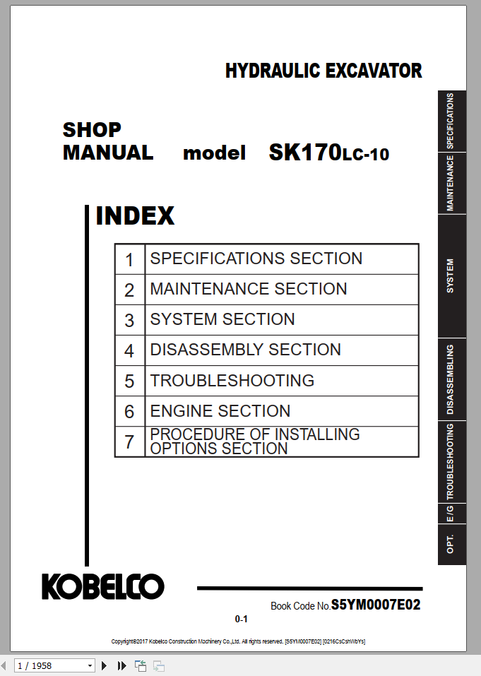 Kobelco Hydraulic Excavator SK170 10 NA Shop Manual S5YM0007E02 1