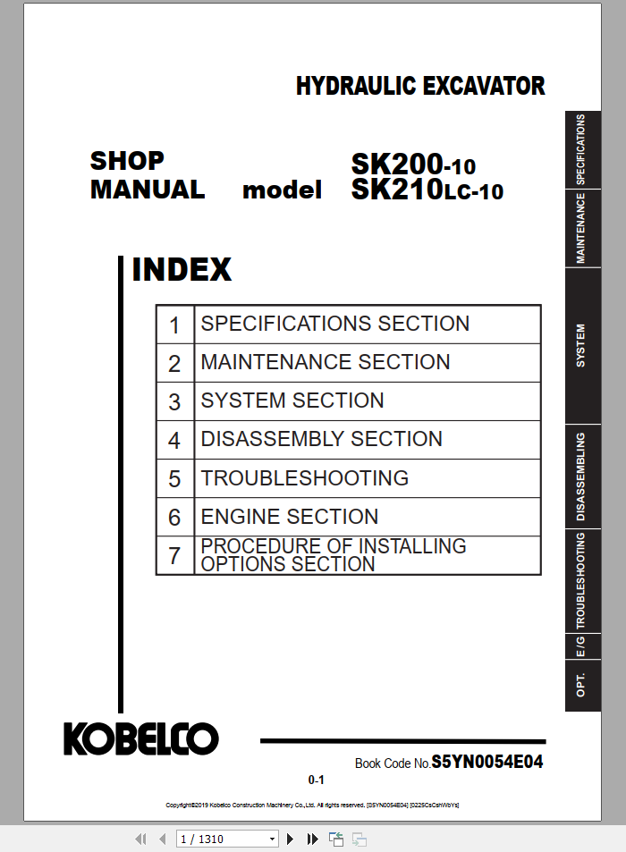Kobelco Hydraulic Excavator SK200 10 SK210 10 Shop Manual S5YN0054E04 1