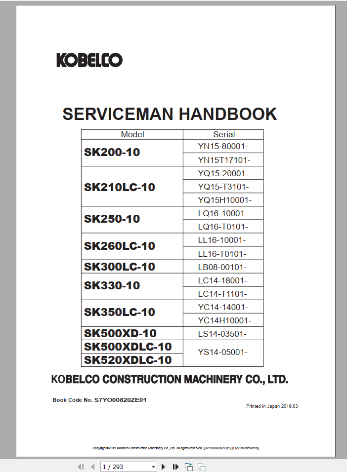 Kobelco Hydraulic Excavator SK200 10 SK520 10 Service Manual HandBook S7YO00820ZE01 1