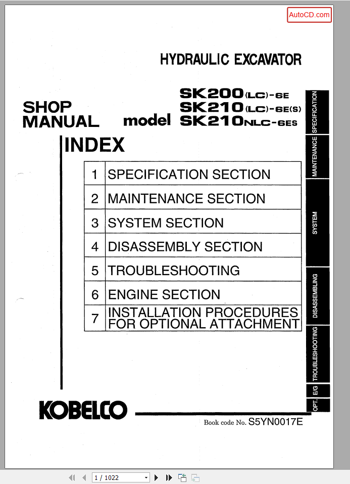 Kobelco Hydraulic Excavator SK200 SK210 6E S Shop Manual S5YN0017E 1