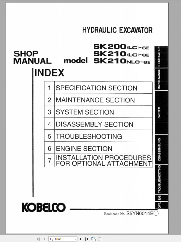 Kobelco Hydraulic Excavator SK200LC 6E SK210LC 6E SK210NLC 6E Shop Manual S5YN0014E 1