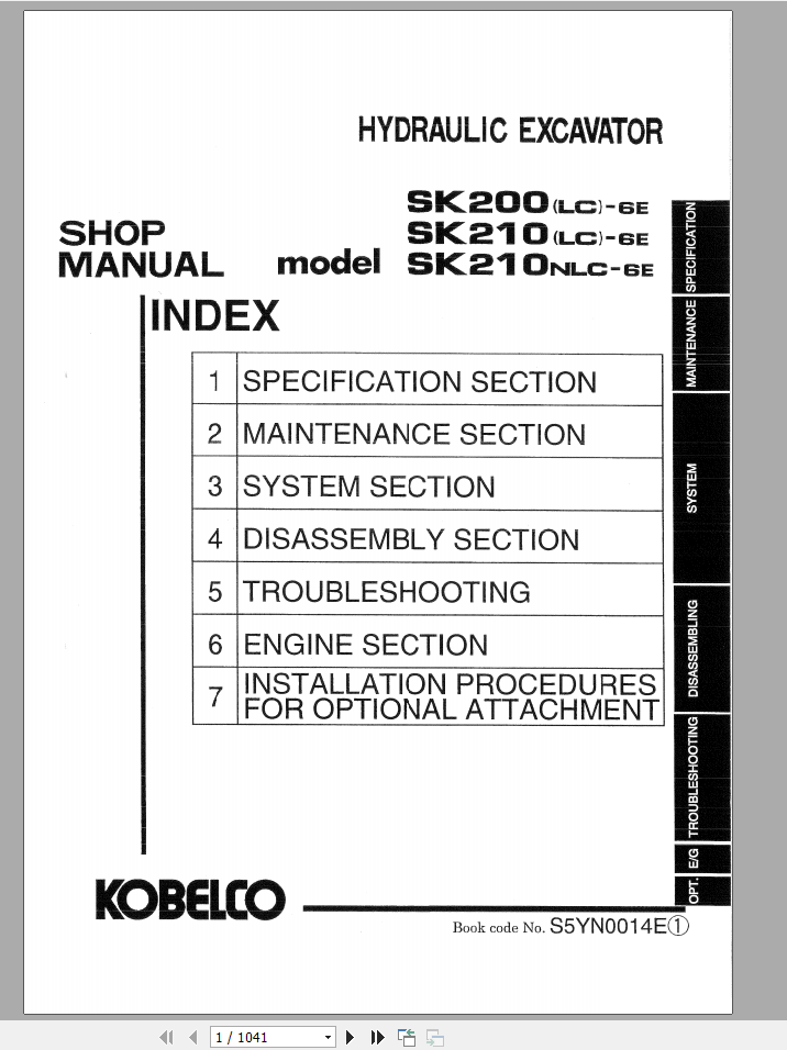 Kobelco Hydraulic Excavator SK200LC 6E SK210LC 6E SK210NLC 6E Shop Manual S5YN0014E 1