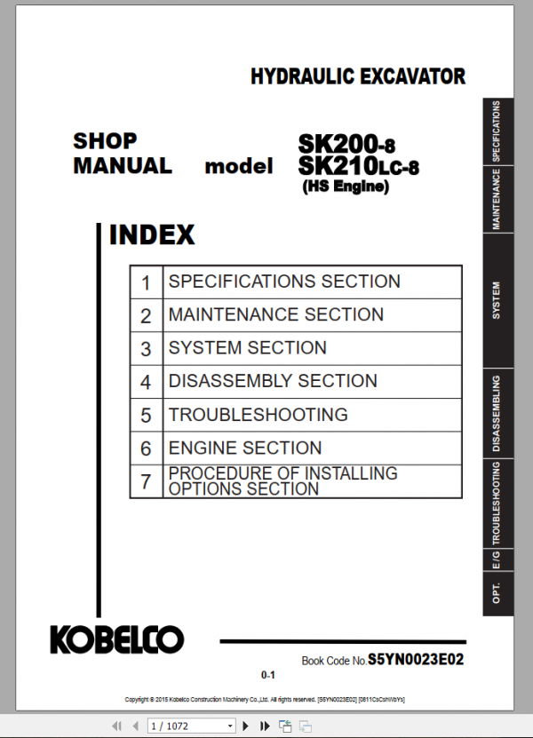 Kobelco Hydraulic Excavator SK200LC 6E SK210LC 6E SK210NLC 6E Shop Manual S5YN0014E 4 1