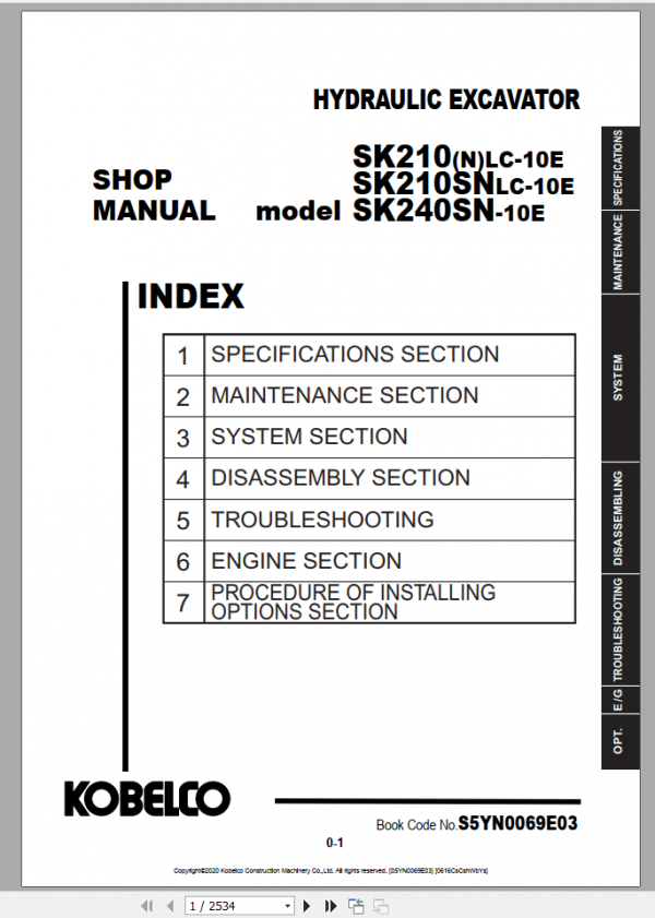 Kobelco Hydraulic Excavator SK210HLC 10 Hybrid Shop Manual S5WB0003E05 4 1