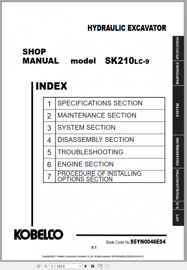 Kobelco Hydraulic Excavator SK210LC 9 NA EU Shop Manual S5YN0046E04 1