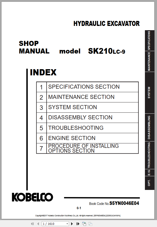 Kobelco Hydraulic Excavator SK210LC 9 NA EU Shop Manual S5YN0046E04 1