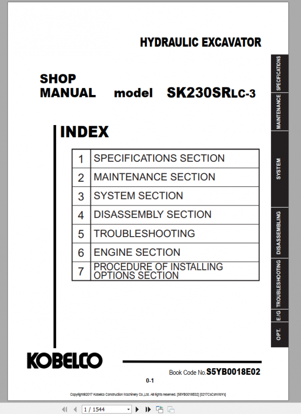 Kobelco Hydraulic Excavator SK225SRLC 2 Shop Manual S5YB0012E01 2 1