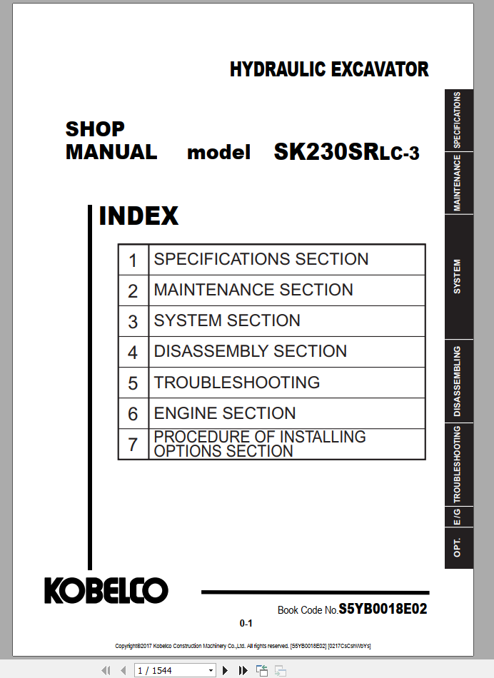Kobelco Hydraulic Excavator SK225SRLC 2 Shop Manual S5YB0012E01 2 1