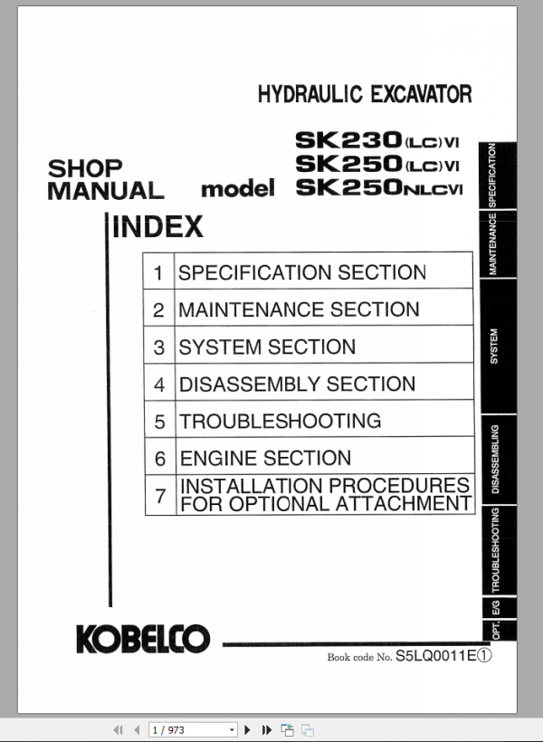 Kobelco Hydraulic Excavator SK230LC 6 SK250LC 6 SK250NLC 6 Shop Manual S5LQ0011E 1