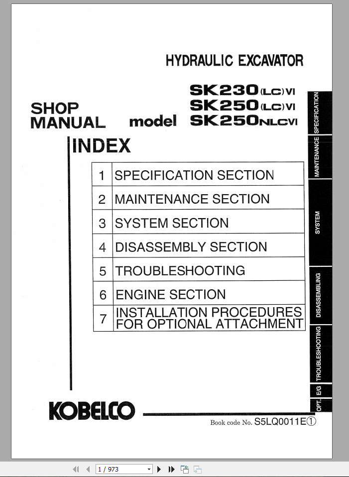 Kobelco Hydraulic Excavator SK230LC 6 SK250LC 6 SK250NLC 6 Shop Manual S5LQ0011E 1
