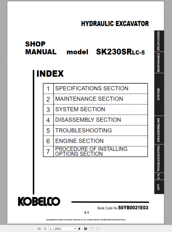 Kobelco Hydraulic Excavator SK230SRLC 5 EU Shop Manual S5YF0019E03 1