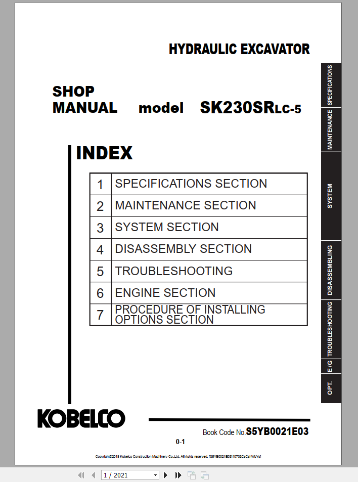 Kobelco Hydraulic Excavator SK230SRLC 5 EU Shop Manual S5YF0019E03 1