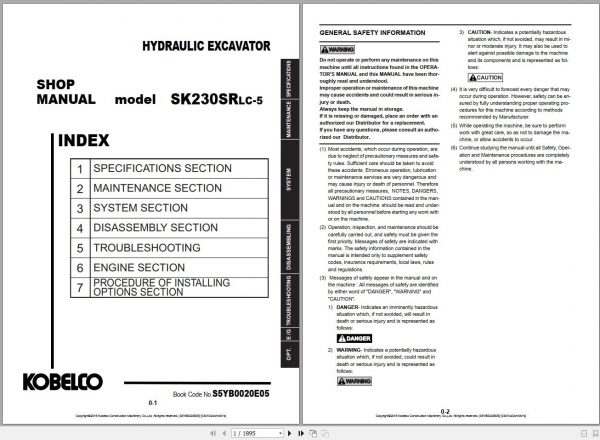 Kobelco Hydraulic Excavator SK230SRLC 5 NA 2019 S5YB0020E05 Shop Manual 1