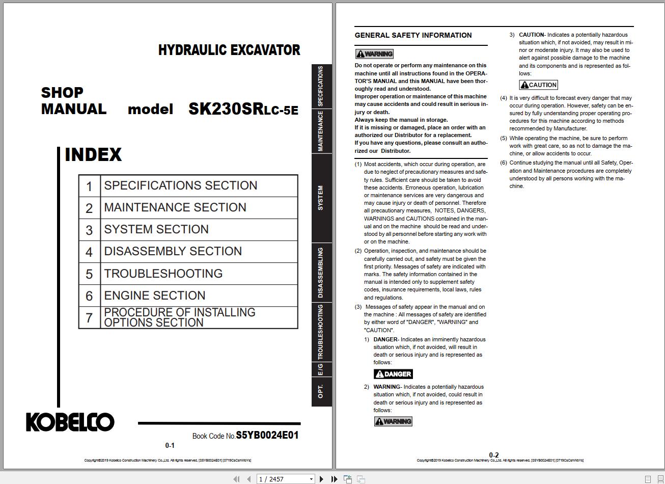 Kobelco Hydraulic Excavator SK230SRLC 5E EU 2019 S5YB0024E01 Shop Manual 1