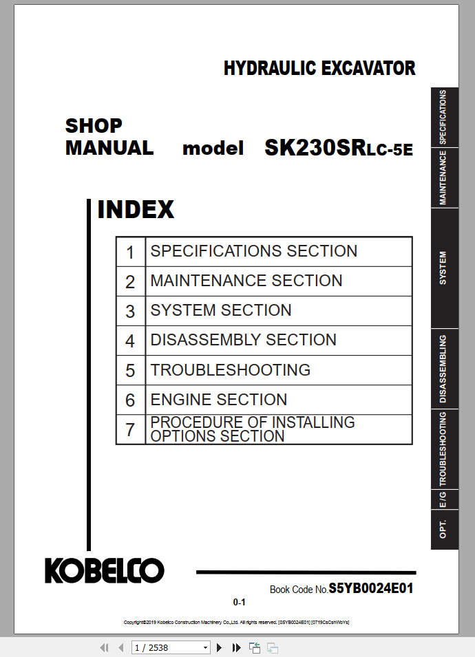 Kobelco Hydraulic Excavator SK230SRLC 5E EU Shop Manual S5YB0024E01 Kobelco Hydraulic Excavator SK230SRLC 5E EU Shop Manual S5YB0024E01 1 1