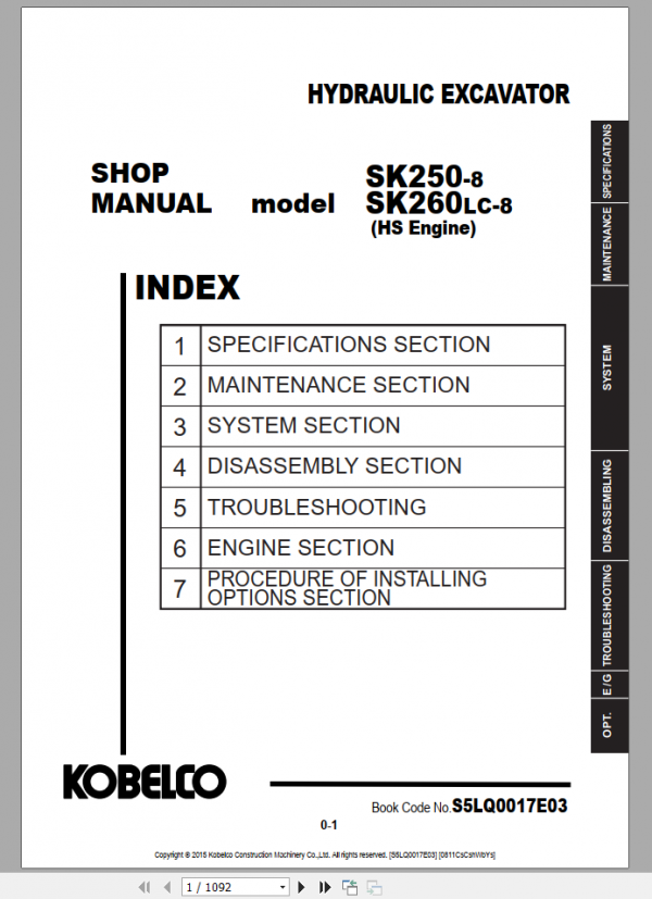 Kobelco Hydraulic Excavator SK230SRLC 5E Shop Manual S5YB0024E01 4 1