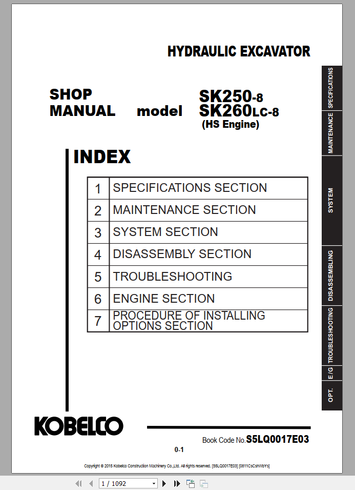 Kobelco Hydraulic Excavator SK230SRLC 5E Shop Manual S5YB0024E01 4 1
