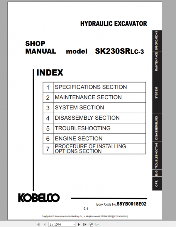 Kobelco Hydraulic Excavator SK230SRLC EU LA07 Shop Manual 3S5YB0018E02 1