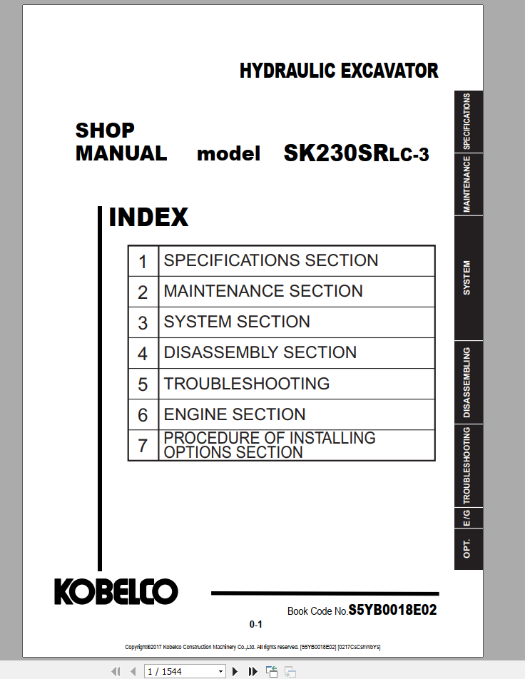 Kobelco Hydraulic Excavator SK230SRLC EU LA07 Shop Manual 3S5YB0018E02 1