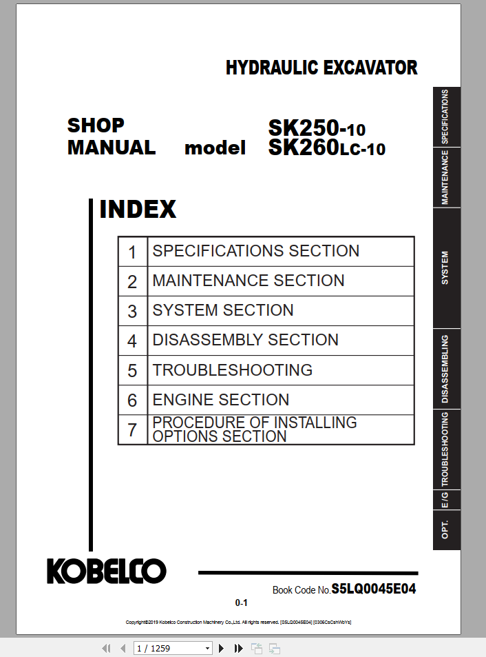 Kobelco Hydraulic Excavator SK250 10 260LC 10 Shop Manual S5LQ0045E04 1