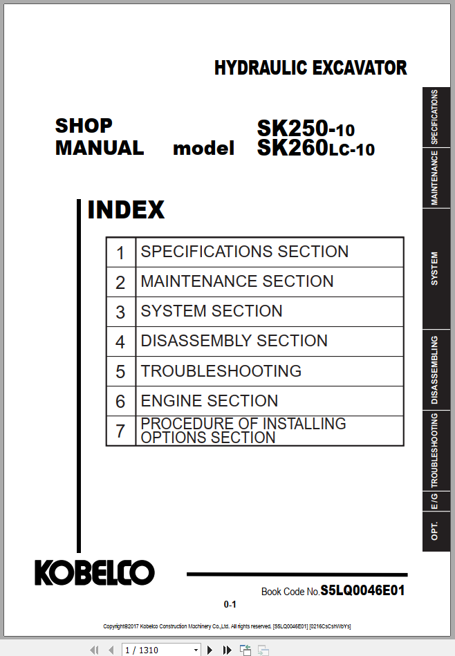 Kobelco Hydraulic Excavator SK250 10 SK260LC 10 Shop Manual S5LQ0046E01 1