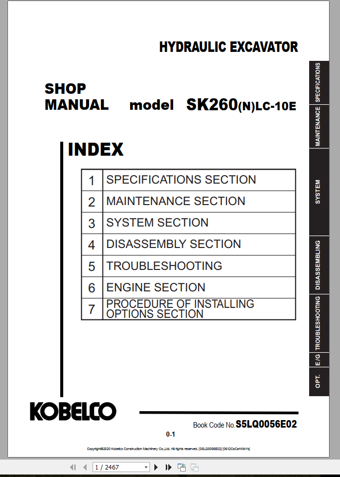 Kobelco Hydraulic Excavator SK260NLC 10E EU 2020 Shop Manual S5LQ0056E02 1
