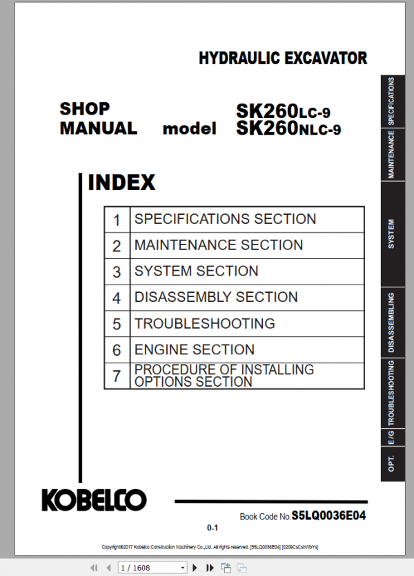 Kobelco Hydraulic Excavator SK260NLC 10E EU 2020 Shop Manual S5LQ0056E02 2 1