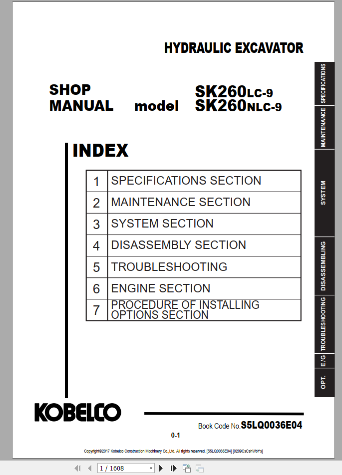 Kobelco Hydraulic Excavator SK260NLC 10E EU 2020 Shop Manual S5LQ0056E02 2 1