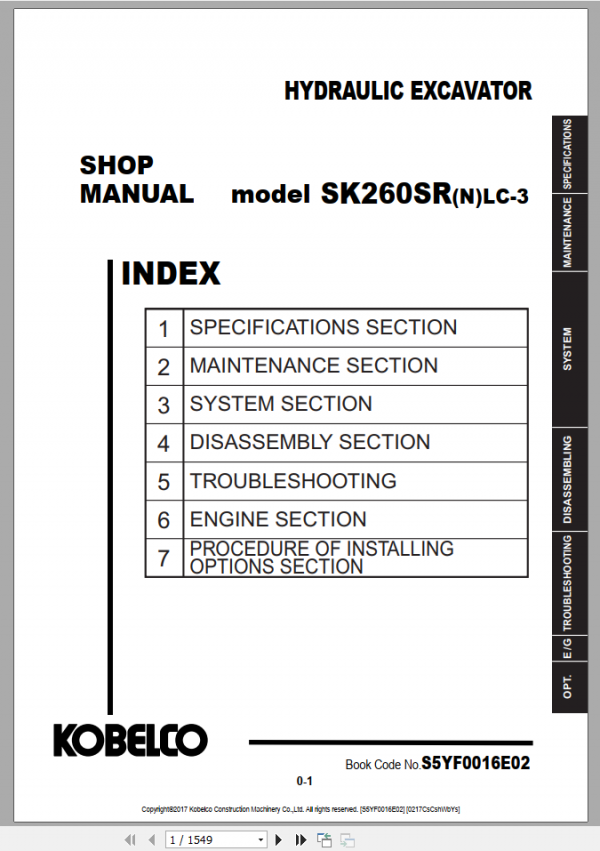 Kobelco Hydraulic Excavator SK260SRNLC 3 NA Shop Manual S5YF0016E02 1