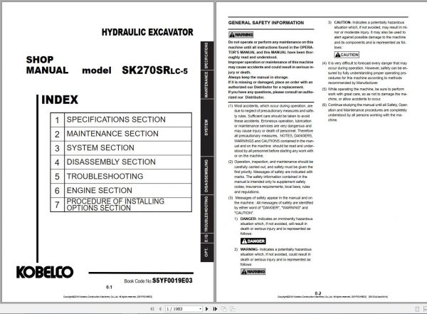 Kobelco Hydraulic Excavator SK270SRLC 5 NA 2018 YU080 S5YF0019E04 Shop Manual 1