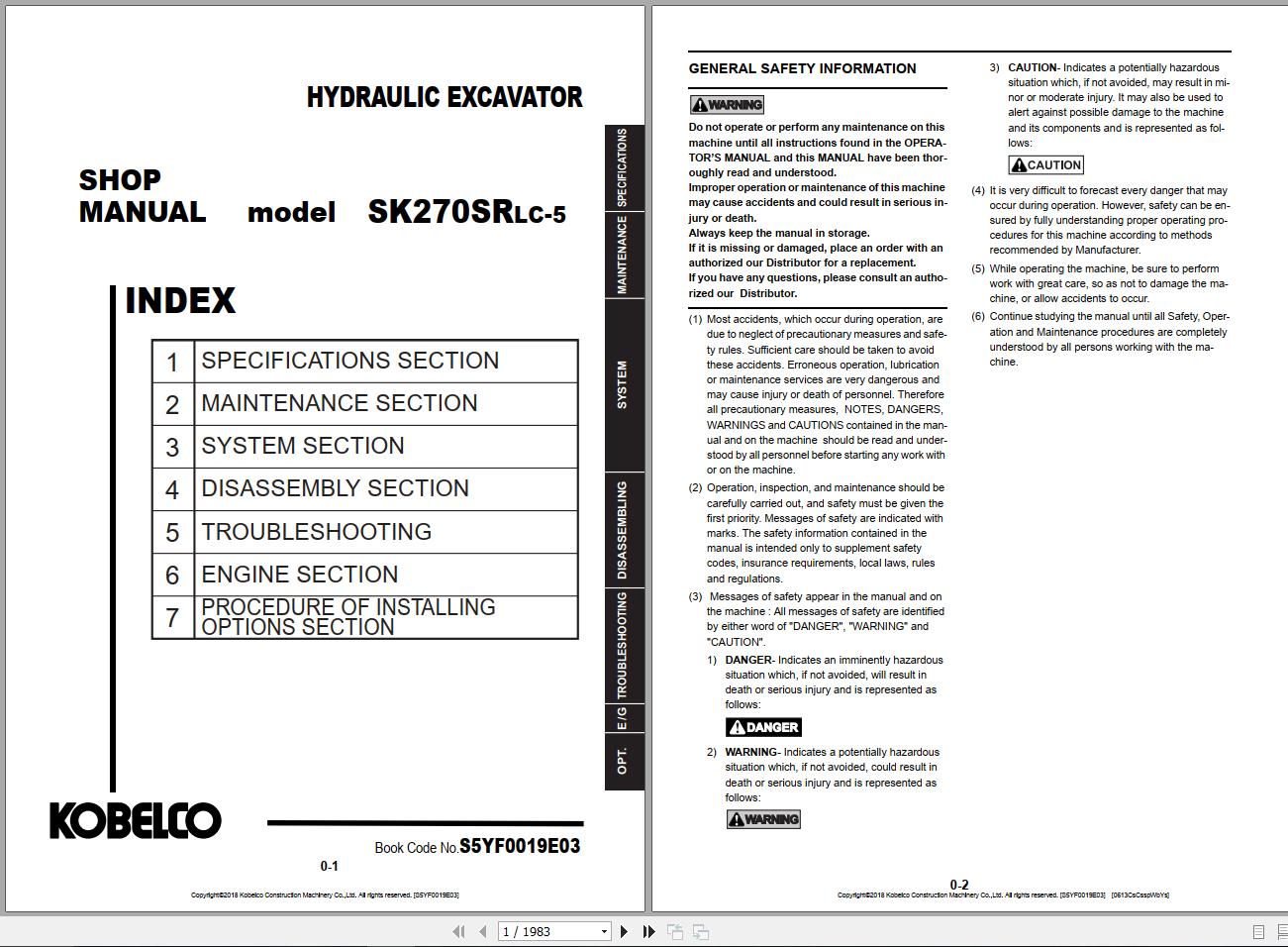 Kobelco Hydraulic Excavator SK270SRLC 5 NA 2018 YU080 S5YF0019E04 Shop Manual 1