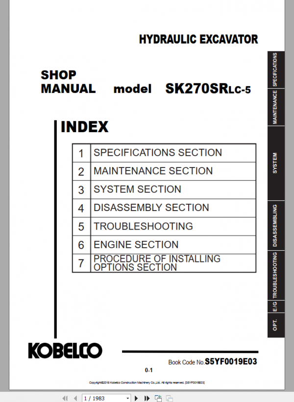 Kobelco Hydraulic Excavator SK270SRLC 5 Shop Manual S5YF0019E03 1