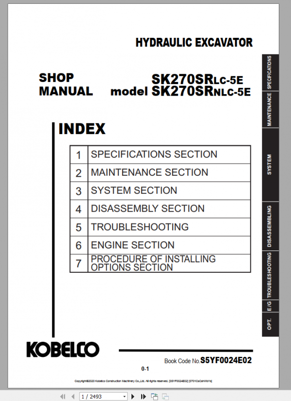 Kobelco Hydraulic Excavator SK270SRLC 5E SK270SRNLC 5E Shop Manual S5YF0024E02 1