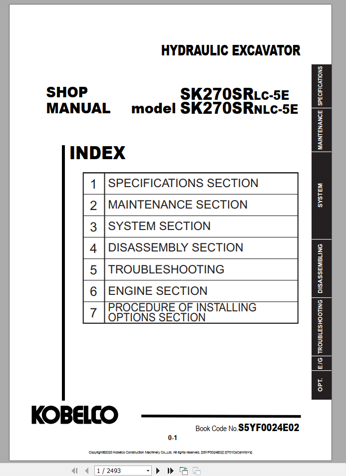 Kobelco Hydraulic Excavator SK270SRLC 5E SK270SRNLC 5E Shop Manual S5YF0024E02 1