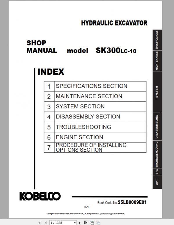 Kobelco Hydraulic Excavator SK270SRLC 5E SK270SRNLC 5E Shop Manual S5YF0024E02 3 1