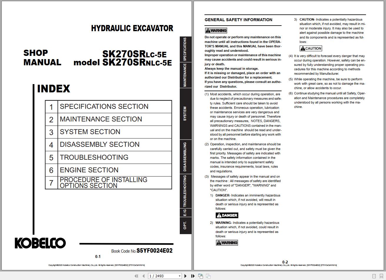 Kobelco Hydraulic Excavator SK270SRLC 5ESK270SRNLC 5E EU 2020 YU080 S5YF0024E02 Shop Manual 1