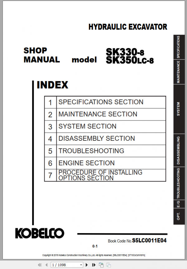 Kobelco Hydraulic Excavator SK330 8 SK350LC 8 Shop Manual S5LC0011E04 1