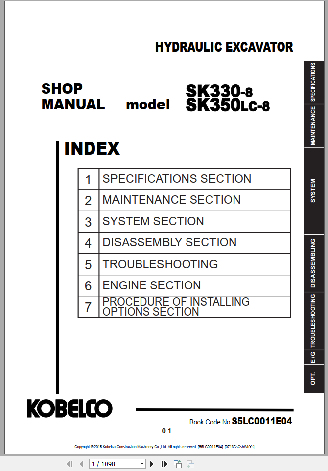 Kobelco Hydraulic Excavator SK330 8 SK350LC 8 Shop Manual S5LC0011E04 1