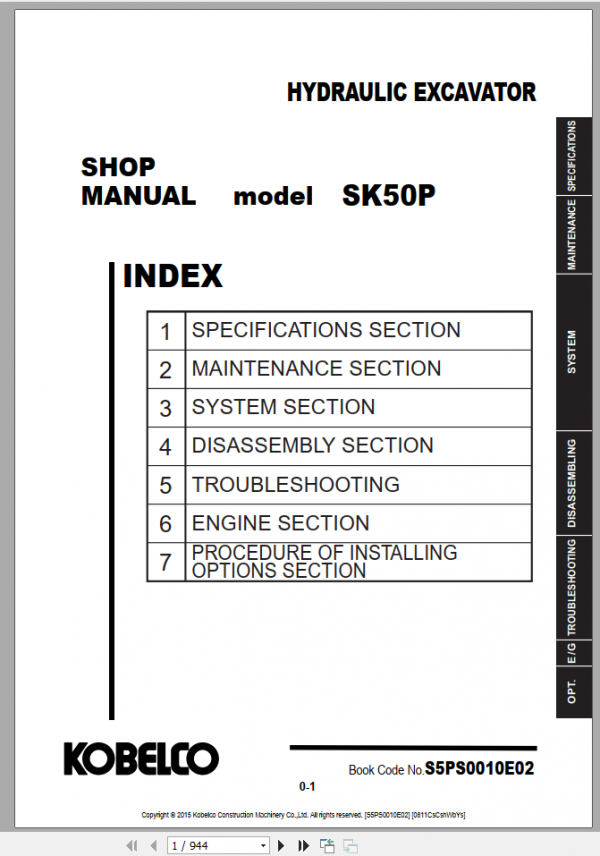 Kobelco Hydraulic Excavator SK35SR 6E Shop Manual S5PV0028E02 4 1